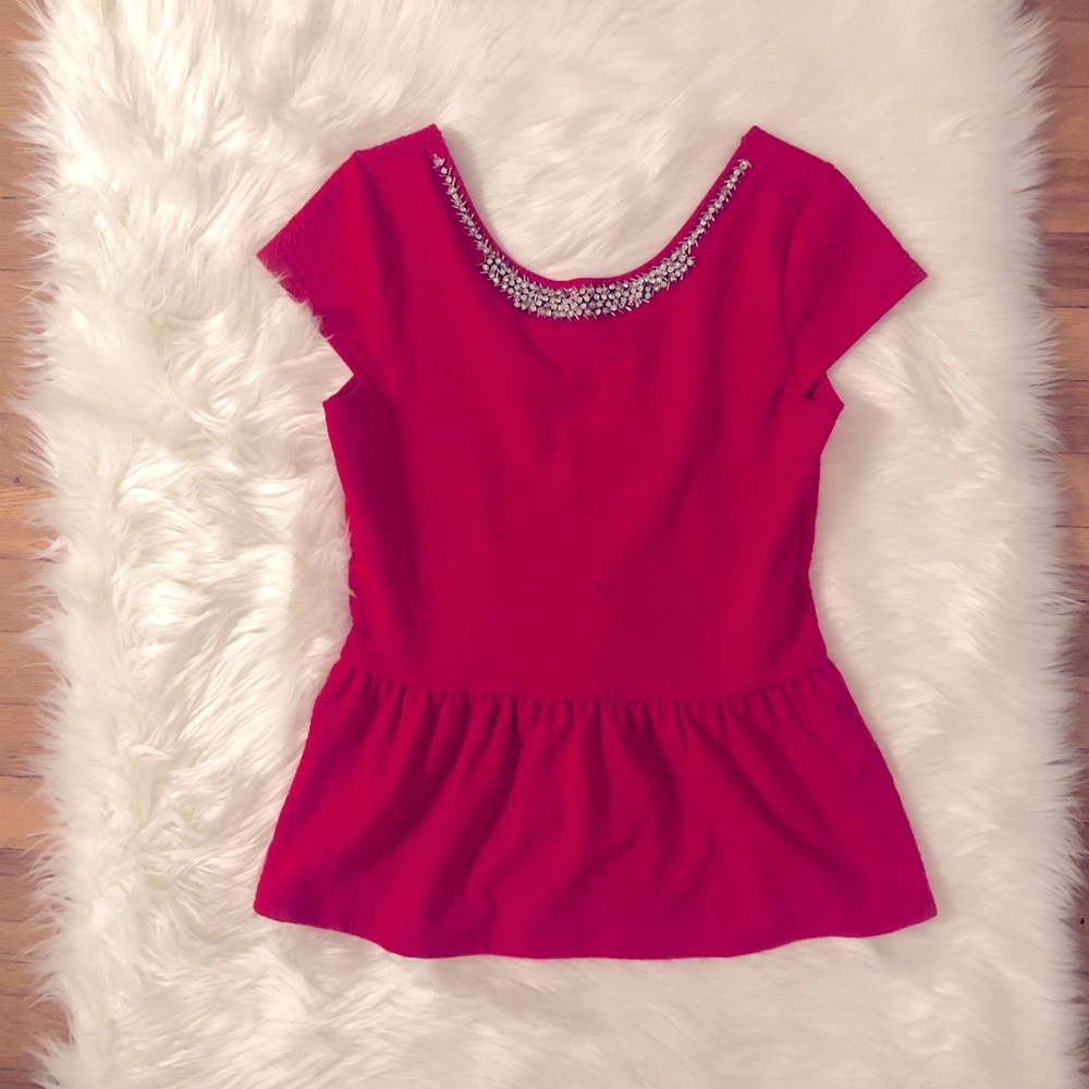 Cherry Red Peplum Top w/ Faux Crystals